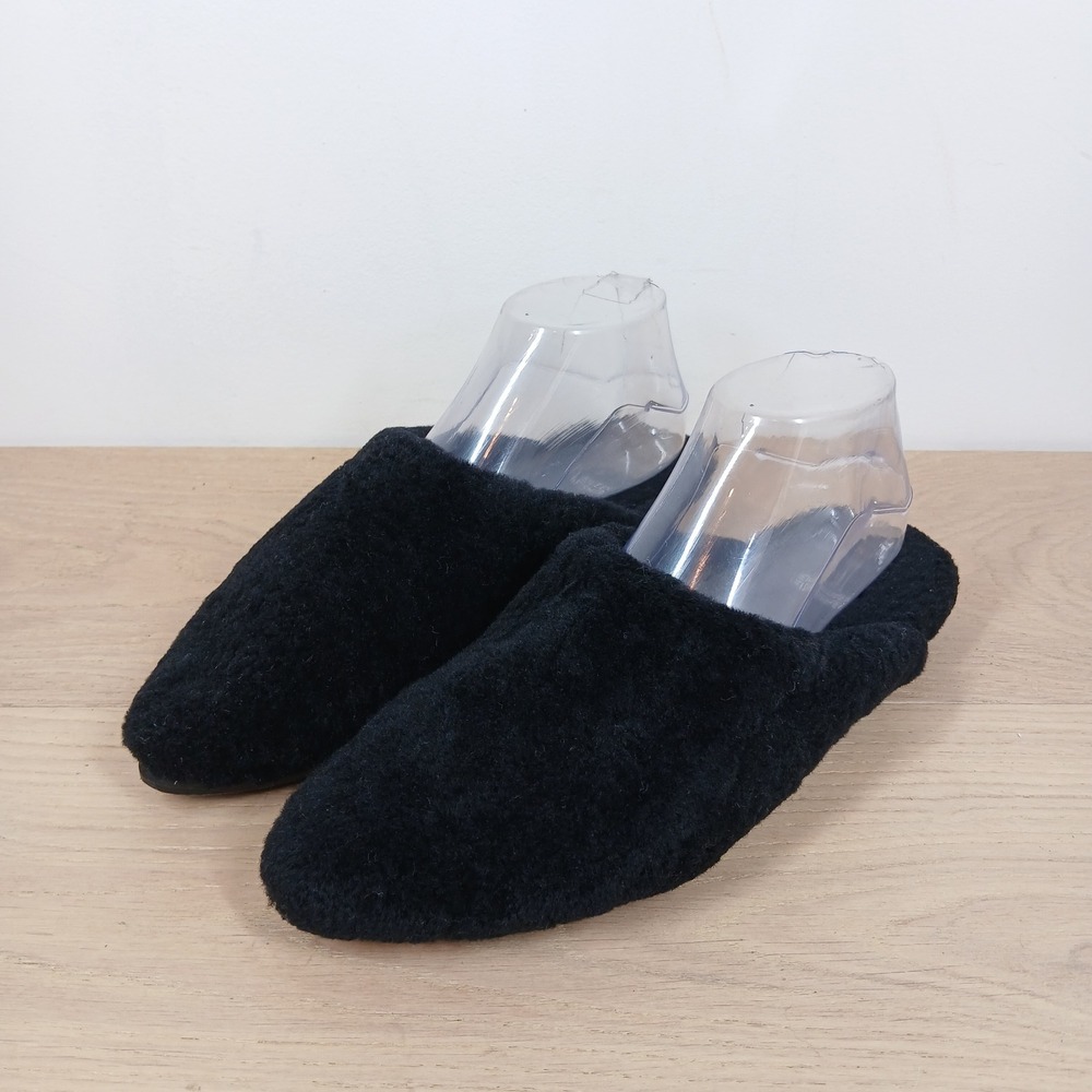 Eileen Fisher Slippers Women 9 Black Faux Fur Pointed Toe Slip On Mules